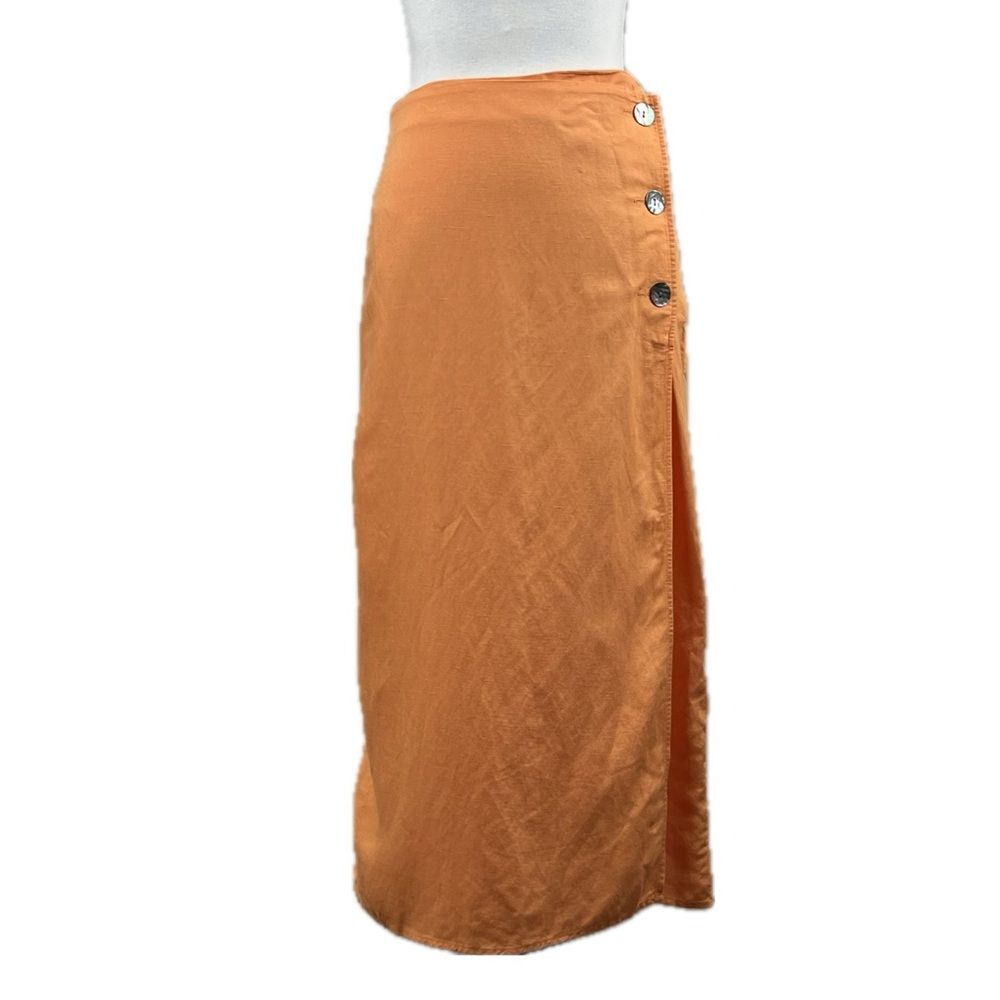 H&M Linen Viscose Orange Faux Wrap Long Column Skirt Sz 14 Resort Euro Chic